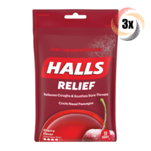 3x Bags HALLS Relief Cherry Flavor Sore Throat Cough Drops ( 30 Drops Per Bag) - £14.35 GBP