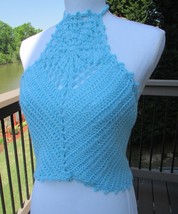 Blue Top/Crochet//Summer/handmade/Lace/Sleeveless/Crop/Halter/Boho/Hippie - £25.29 GBP