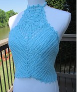 Blue Top/Crochet//Summer/handmade/Lace/Sleeveless/Crop/Halter/Boho/Hippie - £24.91 GBP