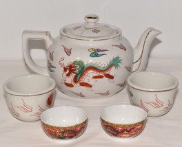 Vintage Japanese Dragon Teapot Cups 5PCS Lidded Teapot 2 Teacups 2 Sauce Bowls - £27.42 GBP