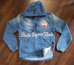 Delta Sigma Theta Pullover Denim J EAN Jacket Delta Diva Denim Hoodie Jacket - £58.97 GBP