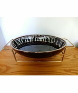 Vtg MCM brown white glaze stoneware chafing baking dish w/ wire stand, o... - $40.00