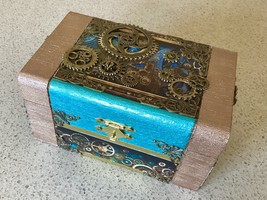 Blue and Bronze Steampunk Gears Wooden Trinket Box - $12.75