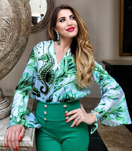 UNIQUE woman shirt printed art by Helen Bellart Green Seahorse bell slee... - £83.05 GBP