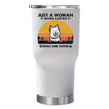 Just A Woman Who Loves Dogs &amp; Coffee Tumbler, White Finnish Lapphund Dog Tumbler - £23.41 GBP