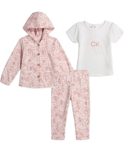 CALVIN KLEIN Baby Girls Rose Cardigan, T Shirt and Pants, 3 Piece Set 0-3 - $25.25