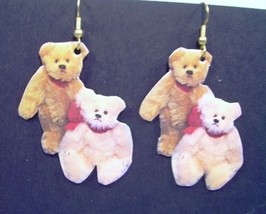 Teddy Bears * Whimsical PAPER Decoupage EARRINGS * Pink + Gold Friends Handmade - £25.39 GBP