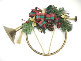 Vintage Decorative Brass Horn with Christmas Greenery Tartan Ribbon Wall Hanging - £11.36 GBP
