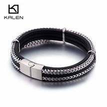 Triple Layered Cowhide Leather Bracelet Men Retro 22cm Stainless Steel Link Chai - £18.42 GBP