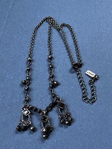 1928 Oxidized Silvertone Chain w Tiny Black Beads &amp; Rhinestone Fringe Pendant - £11.66 GBP