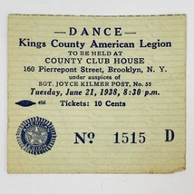 Vintage 1938 Dance Ticket Brooklyn New York Kings County American Legion - £7.56 GBP