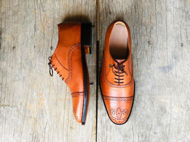 Handmade Men&#39;s Tan Cap Toe Brogue Leather Lace Up Dress Shoes, Men Designer Shoe - £115.87 GBP
