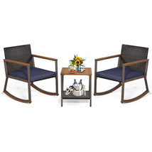 3 Pieces Rattan Rocking Bistro Set with Coffee Table and Cushions-Navy -... - £143.69 GBP