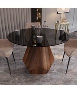 LeisureMod Nebo Round Dining Table with Black Glass Tabletop and Geometr... - $755.58+