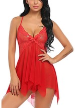 Charming Lingerie Lace Red Chemise With Asymmetrical Hemline - Size Small image 3