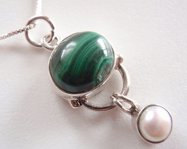 Malachite and Cultured Pearl 925 Sterling Silver Pendant Corona Sun Jewelry d56a - $16.19