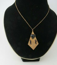 Art Deco Pendant Necklace Gold Tone Triangle Purple Glass Rhinestones 22&quot; Chain - £38.54 GBP