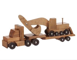 Flat Bed Tractor Trailer With Excavator Set - Handmade Wood Construction Toy Usa - £192.43 GBP