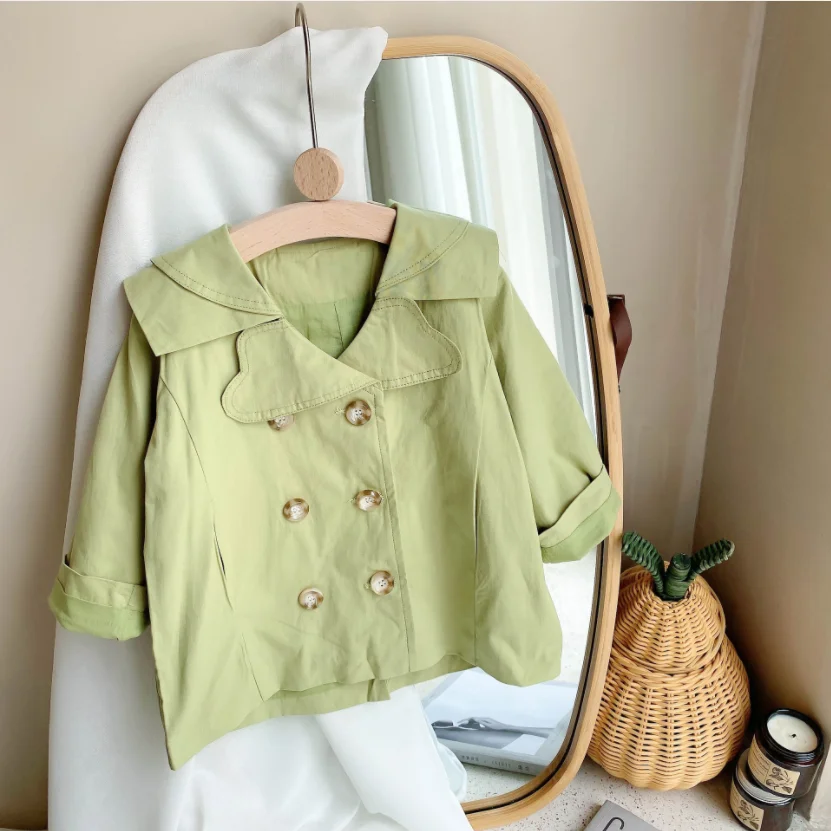 Girls Autumn green double-breasted trench  embroidery collar loose coats - £115.75 GBP