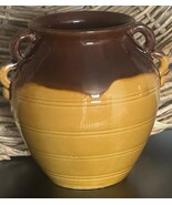 Vtg Glazed Terracotta Jug Confit Pot Vase 2 Tone Brown Gold Unique Handl... - $40.99 CAD