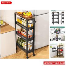 Versatile Slim Rolling Cart with Wood Top for Kitchen &amp; Bathroom Organiz... - $79.15