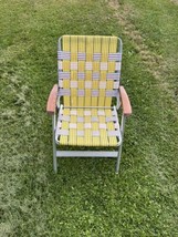 Vintage 1970&#39;s Folding Aluminum Webbed Lawn Chair Yellow &amp; White - £28.13 GBP