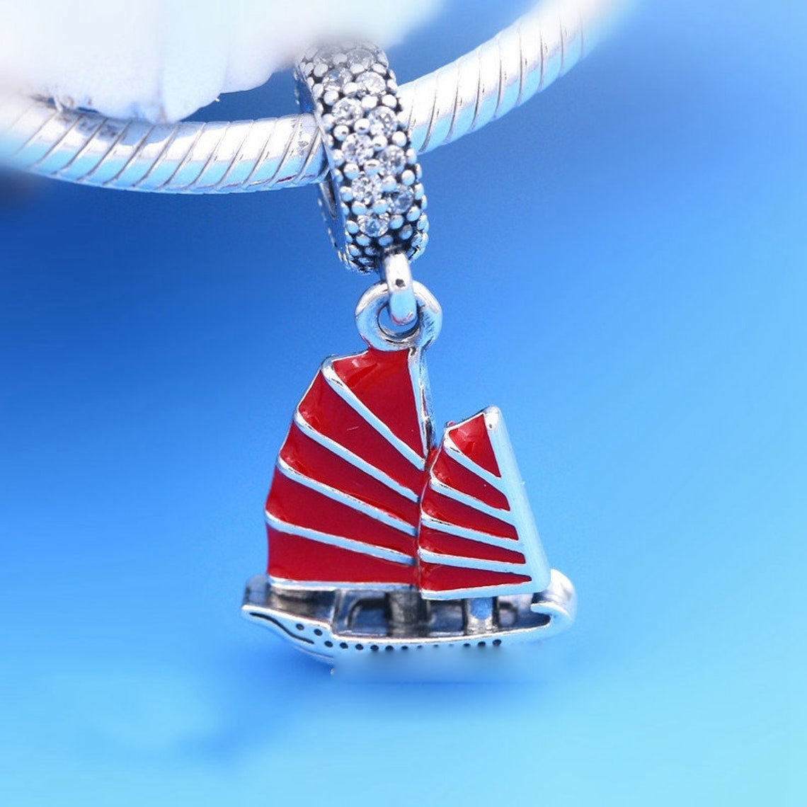 925 Sterling Silver Chinese Junk Travel Dangle Charm Bead & Red Enamel