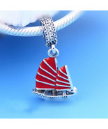 925 Sterling Silver Chinese Junk Travel Dangle Charm Bead &amp; Red Enamel - £12.78 GBP
