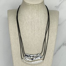 Chico&#39;s Triple Strand Black Cord with Hammered Metal Silver Tone Necklace - £15.08 GBP