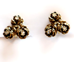 Vintage GOLDETTE Rose Clip On Earrings Burnished Gold Tone Flowers Rhine... - £23.66 GBP