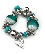 Chunky Bracelet Glass Beads Turquoise Stones Metal Heart Charm Vintage - $12.95