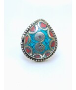 Vintage Tuareg Brass Turquoise Inlay Ring – Handmade Boho Statement Jewelry - $70.07 CAD