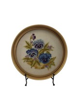 1960s Purple Blue Flowers Floral Art Crewel Embroidery Round Gold Frame - £23.42 GBP