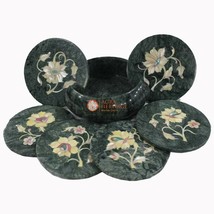 Green Marble Round Coaster Set Floral Inlay Arts Thanksgiving Gift Decor... - $237.60