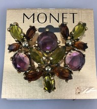 Monet Purple Green Brown Crystal Pin Brooch Goldtone Signed NEW 1 3/4 x 1 1/2&quot; - £20.42 GBP