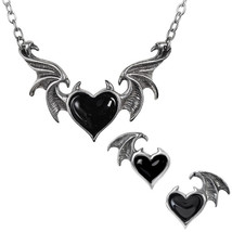 Alchemy Gothic Blacksoul Necklace Earrings Set Demon Wings Black Heart P... - £35.40 GBP