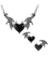 Alchemy Gothic Blacksoul Necklace Earrings Set Demon Wings Black Heart P... - £35.08 GBP