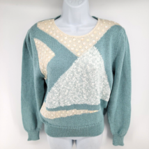 Vintage 80s PS Illustrations Sweater Womens Small Sequin Wool Blend Blue White - £18.65 GBP