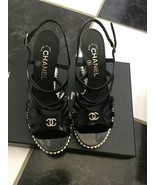 NIB 100% AUTH Chanel 15P Black Patent Leather Pearl Wedge Sandals $1550  - £769.03 GBP