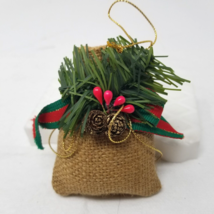 Burlap Sack Christmas Ornament Pine Cones Grass Ribbon Plastic Vtg - £9.18 GBP