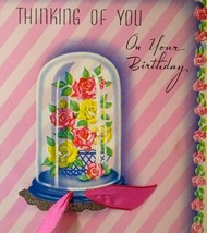 Mid Century Modern Glass Covered Roses Flowers Birthday Greeting Card Vintage  - $13.78