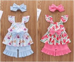 NEW Watermelon Girls Ruffle Tunic Shorts Headband Outfit Set - £6.74 GBP