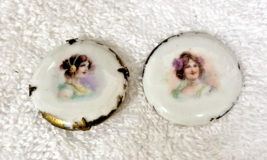 2 Victorian Beautiful Women Buttons Stud Brass Mounting Porcelain 1 1/4 Inch - £27.69 GBP