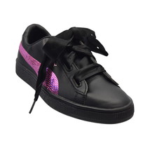 PUMA Girls 6 Basket Heart Bling K Sneakers Black Purple Orchid Sequin 366847-01 - £31.44 GBP