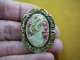 (cred-23) Woman hair down headband flower ivory lady red CAMEO brass Pin Pendant - £23.42 GBP