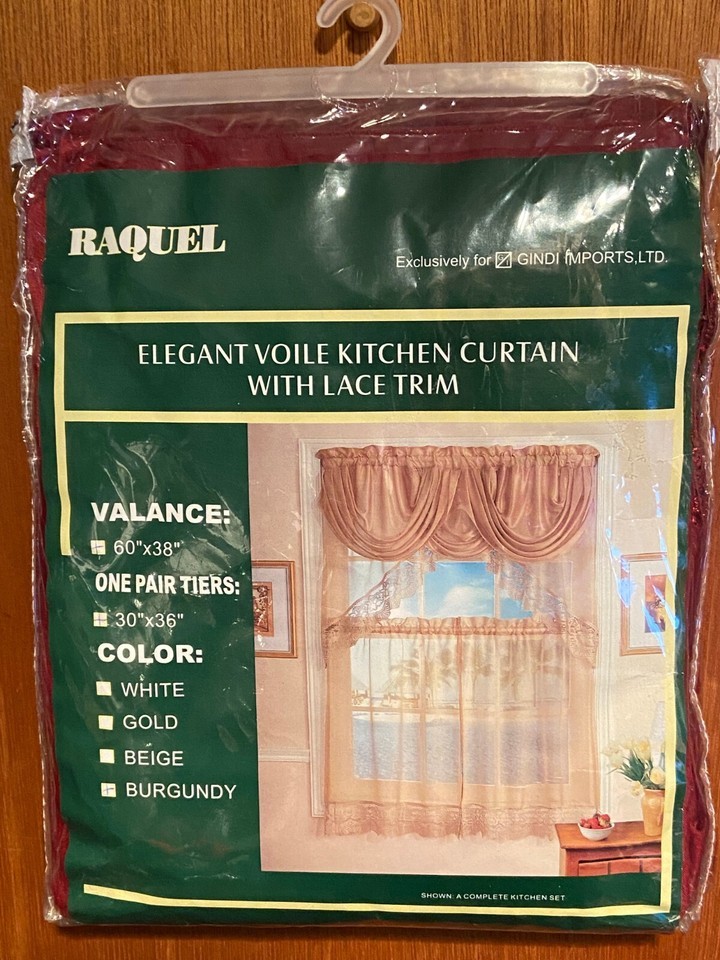 Raquel Kitchen Curtain w/Lace Trim Valance &amp; One Pair Tiers Burgundy *NE... - $14.99