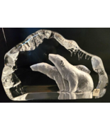 Royal Krona Sweden Art Glass Paperweight Sculpture Etched Polar Bears Ic... - £44.14 GBP