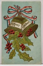 Christmas Golden Bells Patriotic Red White Blue Ribbon Embossed Postcard F19 - $8.95