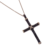 Round White &amp; Black Diamond Cross Pendant w/ Sterling Silver Chain - £146.40 GBP