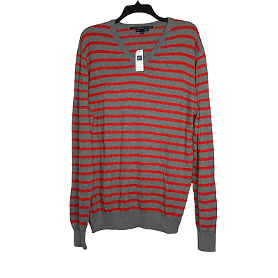 Primary image for Gap V-Neck Sweater Size XL Gray Red Striped Pullover 100% Cotton Knit Mens Knit